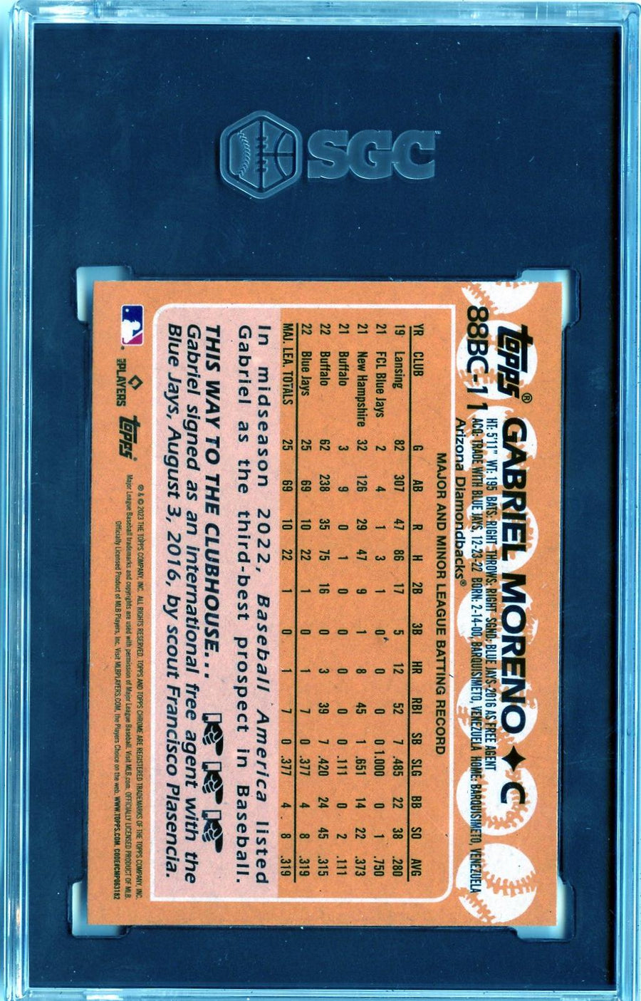 2023 #88BC-11 Gabriel Moreno 1988 Topps Chrome 35th Anniversary RC SGC 9.5 — Back