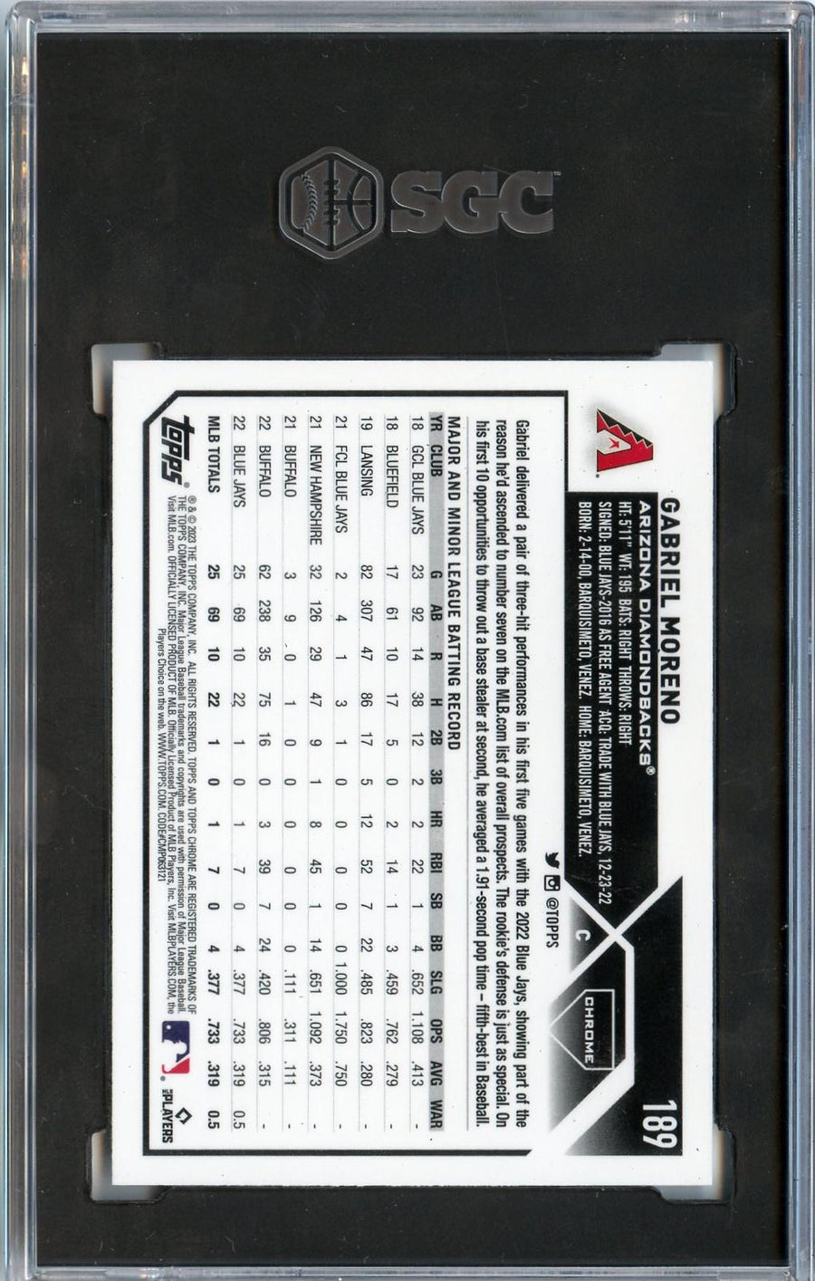 2023 Topps Chrome #189 Gabriel Moreno RC SGC 9 — Back