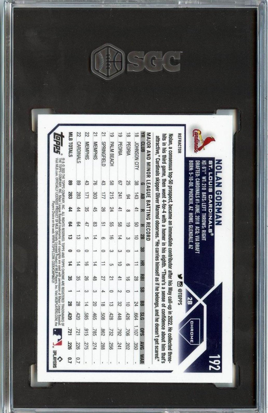 2023 Topps Chrome #192 Nolan Gorman Refractors RC SGC 10 — Back