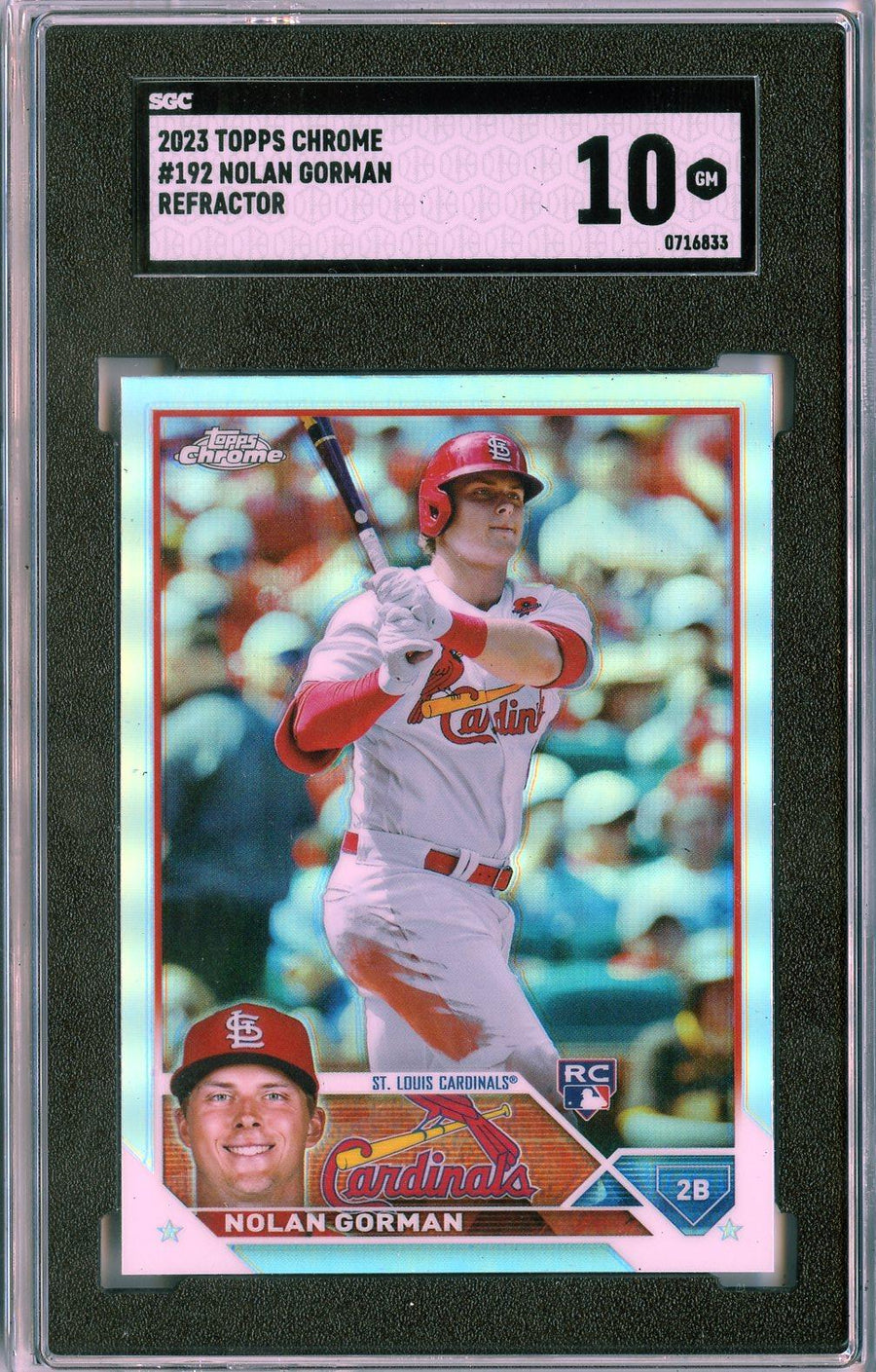 2023 Topps Chrome #192 Nolan Gorman Refractors RC SGC 10 — Front