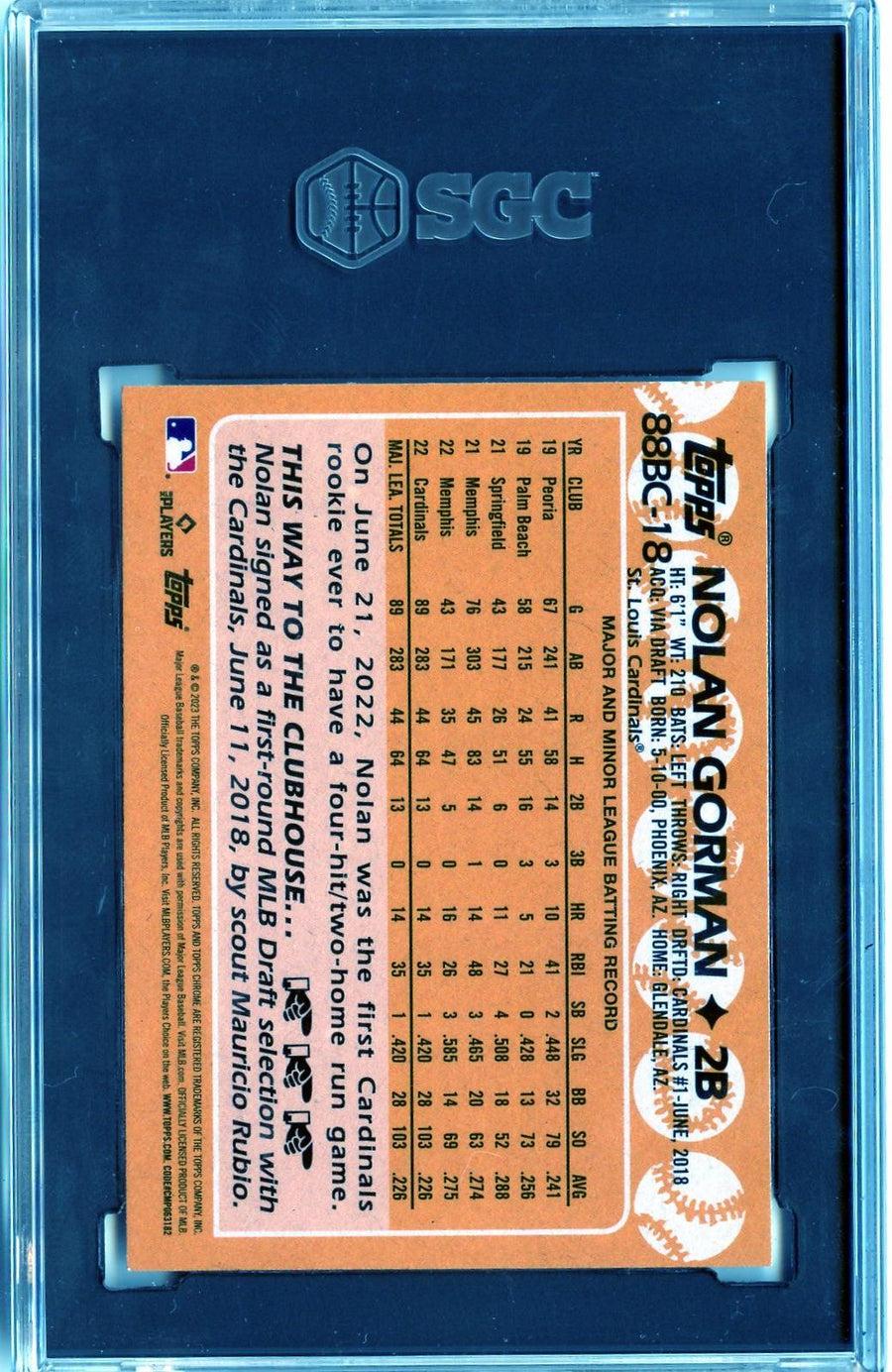 2023 #88BC-18 Nolan Gorman 1988 Topps Chrome 35th Anniversary RC SGC 9 — Back