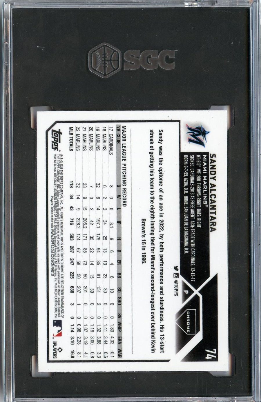 2023 Topps Chrome #74 Sandy Alcantara Pink Refractors SGC 9 — Back