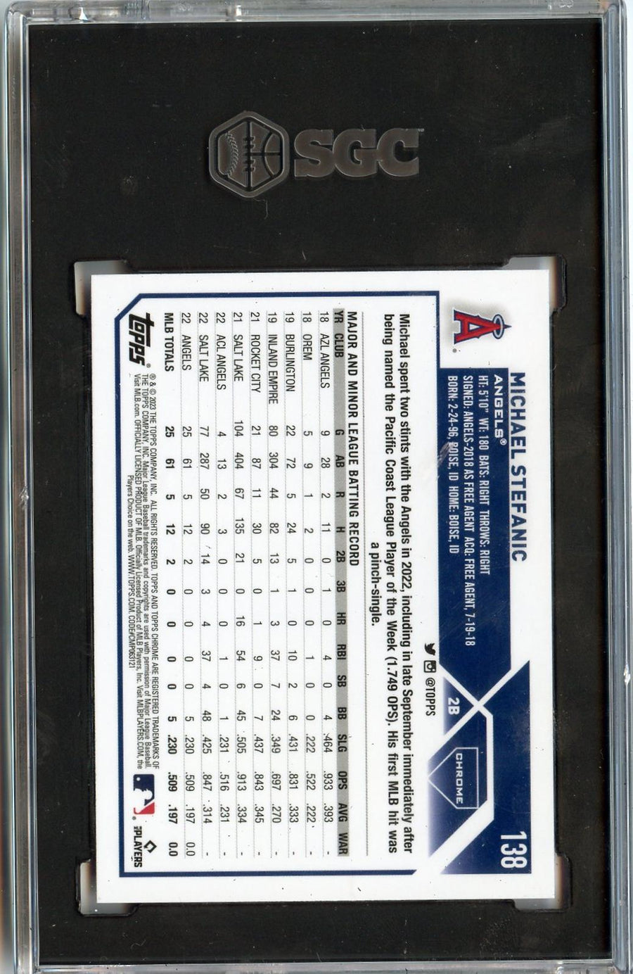 2023 Topps Chrome #138 Michael Stefanic Pink Refractors RC SGC 10 — Back
