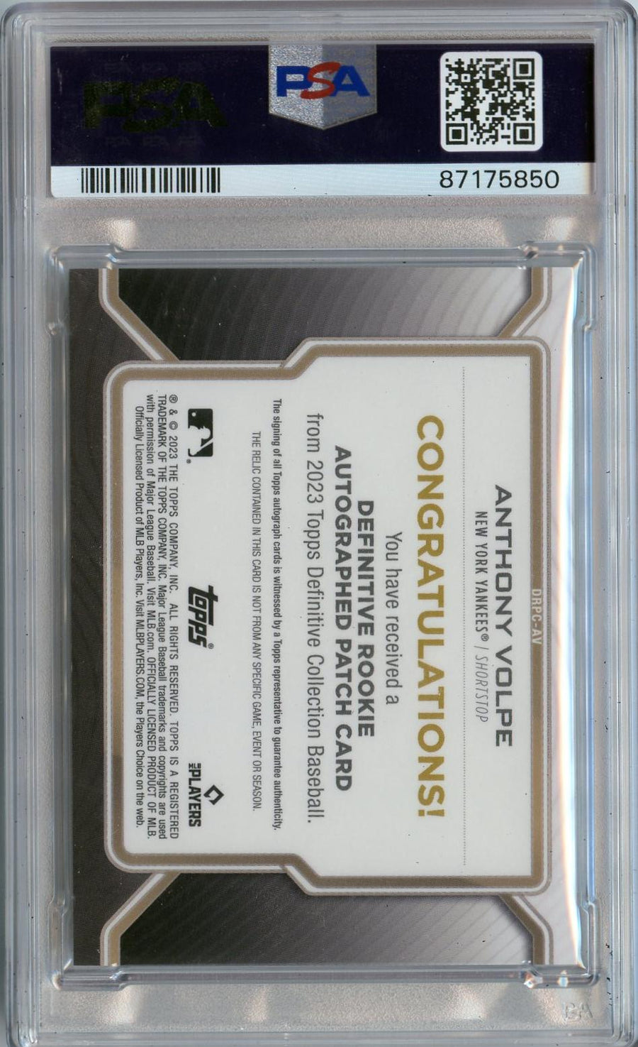 2023 Topps Definitive Rookie Patch #DRPC-AV Anthony Volpe RC PSA 10 AUTO 10 — Back