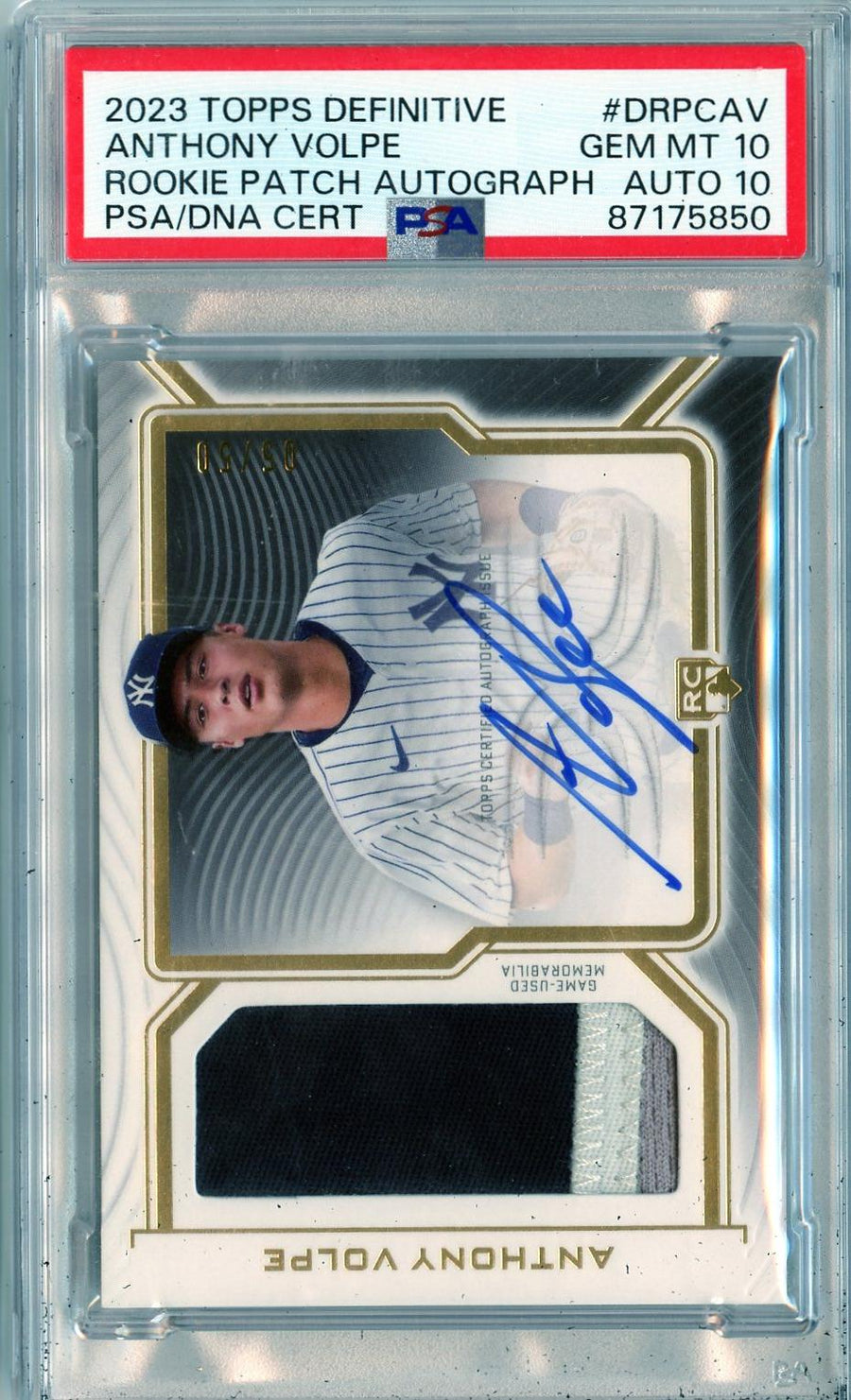 2023 Topps Definitive Rookie Patch #DRPC-AV Anthony Volpe RC PSA 10 AUTO 10 — Front