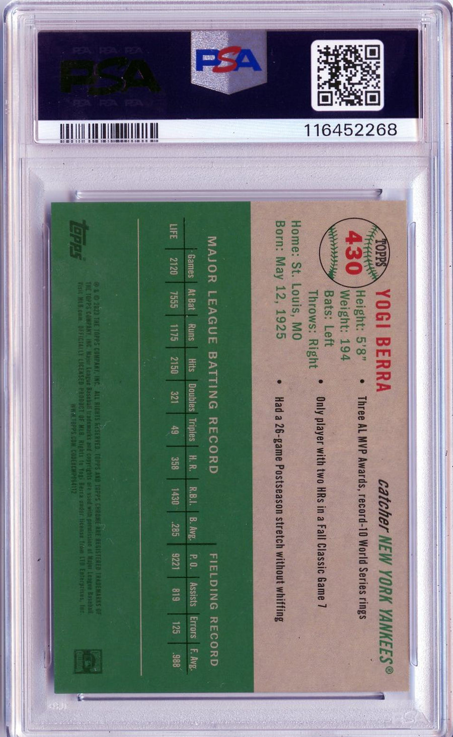2023 Topps Chrome #430 Yogi Berra Blue Mini-Diamond Refractor PSA 10 — Back