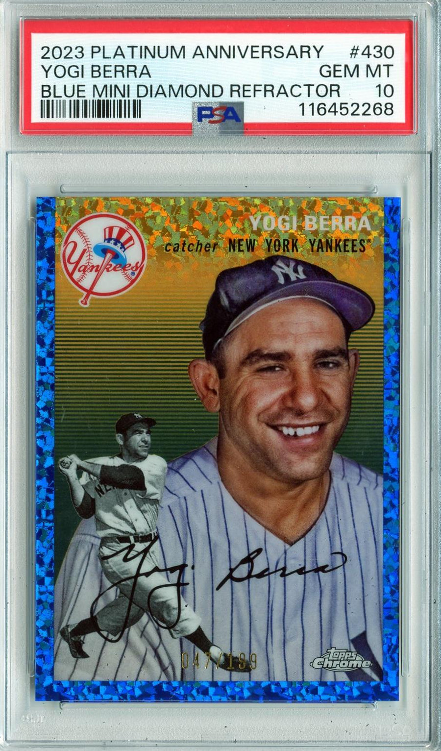 2023 Topps Chrome #430 Yogi Berra Blue Mini-Diamond Refractor PSA 10 — Front