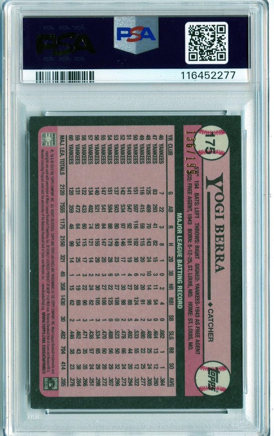 2014 Topps Archives #175 Yogi Berra Gold PSA 8 — Back