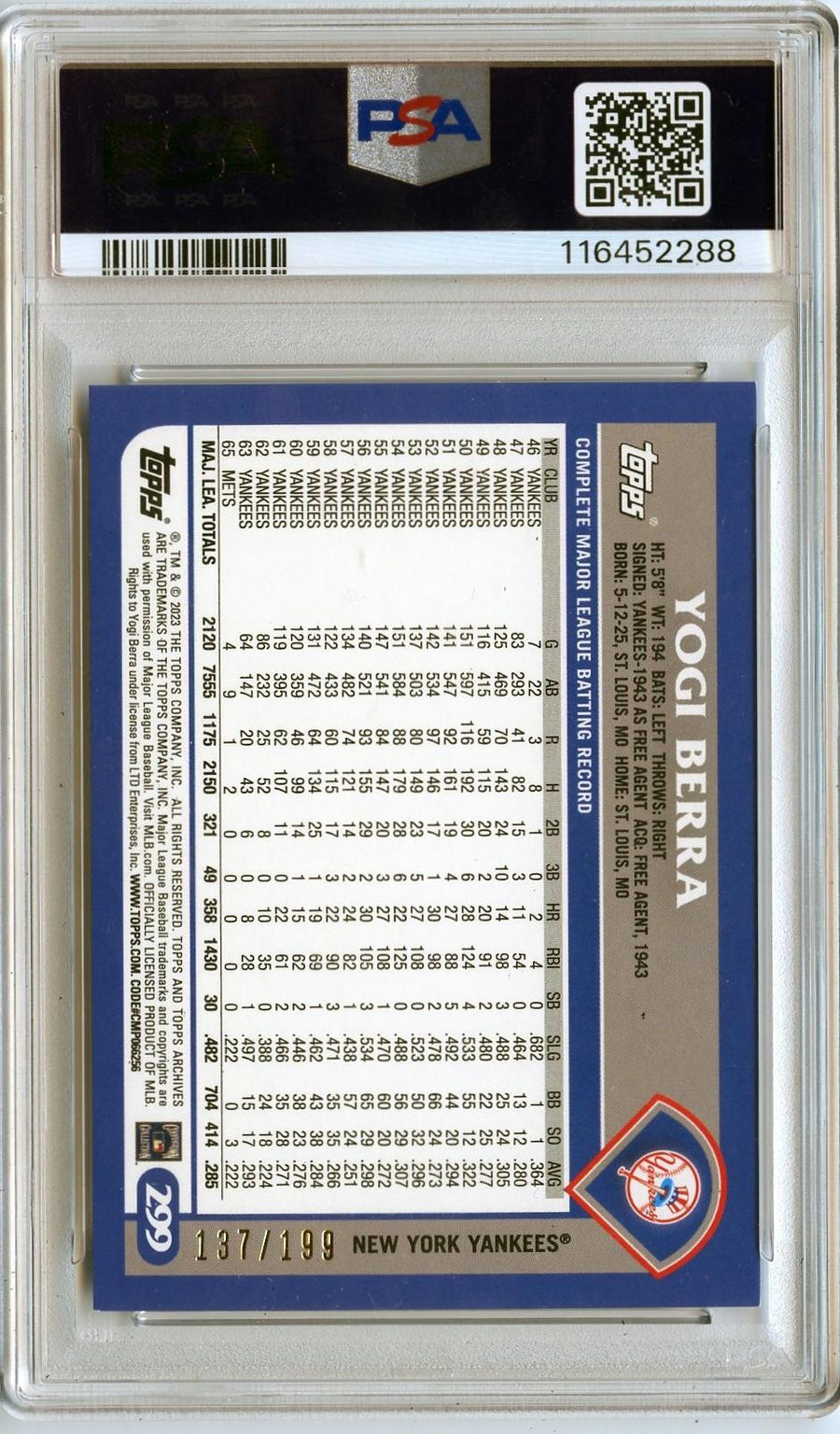 2023 Topps Archives #299 Yogi Berra Rainbow Foil PSA 8 — Back