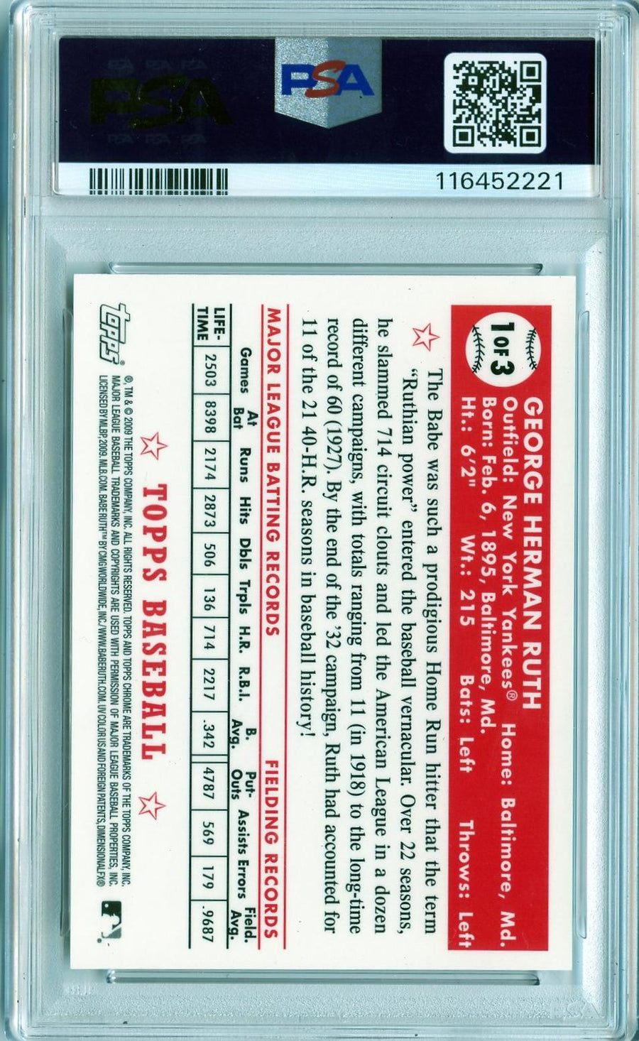 2009 Topps #1 Babe Ruth Factory Set Bonus: Babe Ruth Gold Refractors PSA 9 — Back