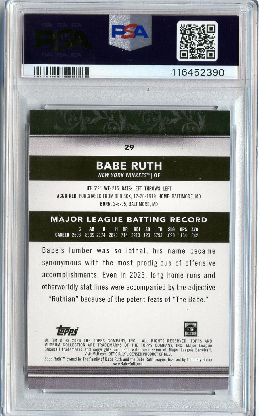 2024 Topps Museum Collection #29 Babe Ruth Sapphire PSA 8 — Back