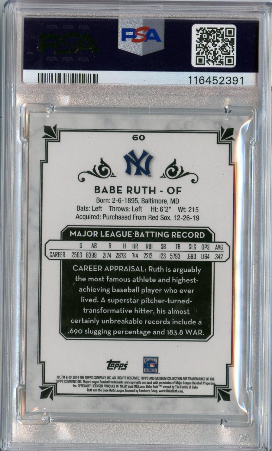 2014 Topps Museum Collection #60 Babe Ruth Green PSA 8 — Back