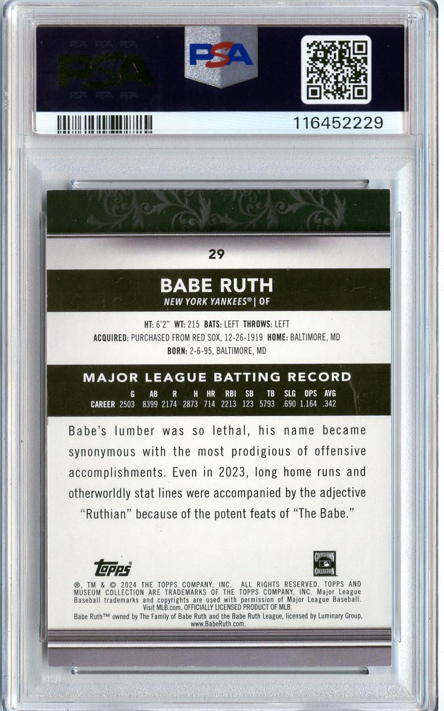 2024 Topps Museum Collection #29 Babe Ruth Gold PSA 8 — Back