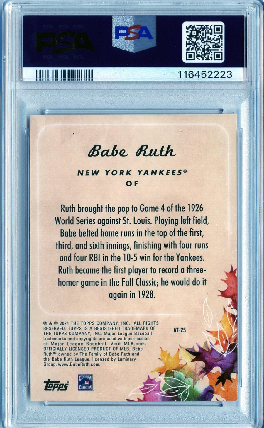 2024 Topps Update #AT-25 Babe Ruth Autumn Tales Gold PSA 8 — Back