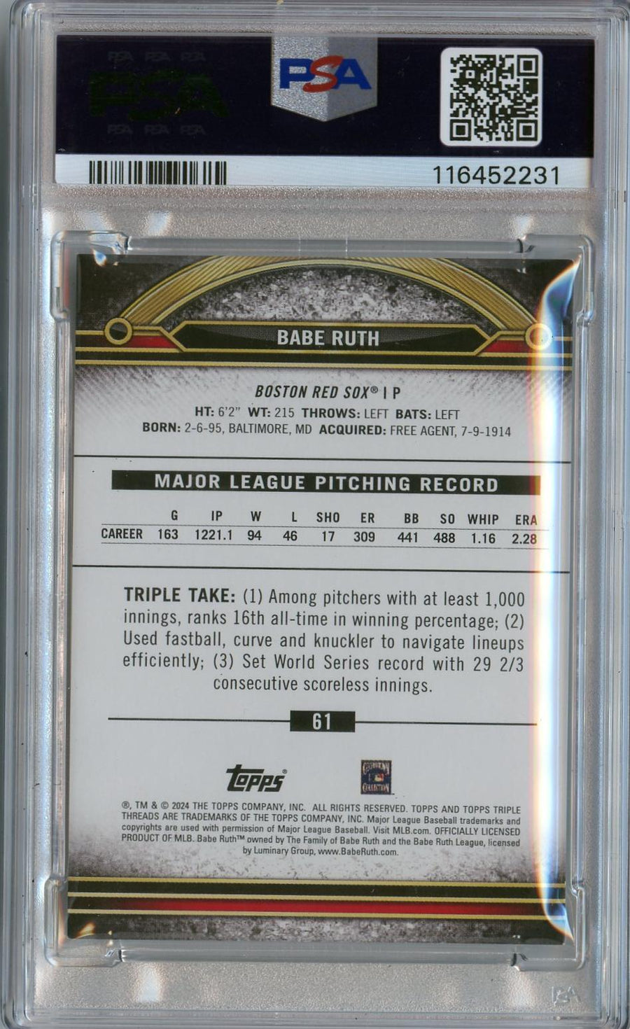 2024 Topps Triple Threads #61 Babe Ruth Gold PSA 8 — Back