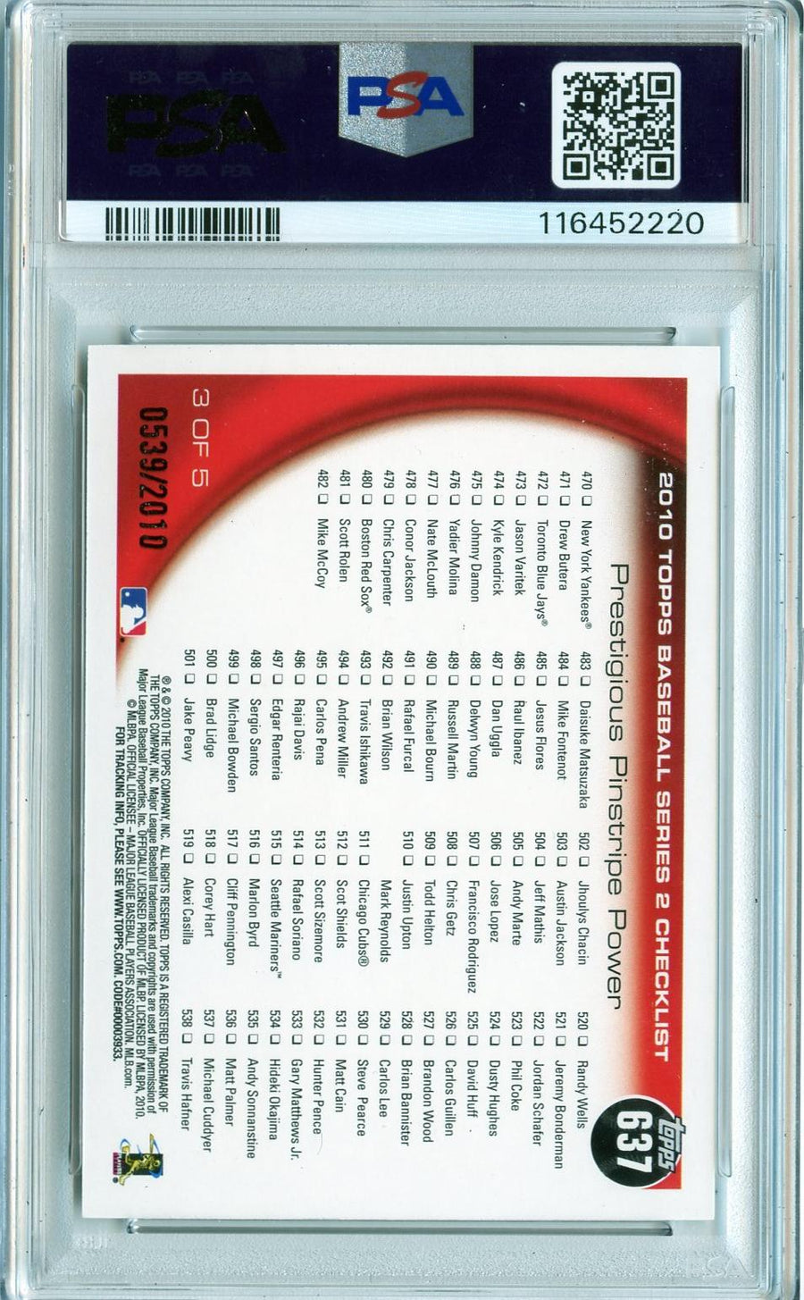 2010 Topps #637 Babe Ruth / Lou Gehrig CL, CPC, SN2010 Gold PSA 8 — Back
