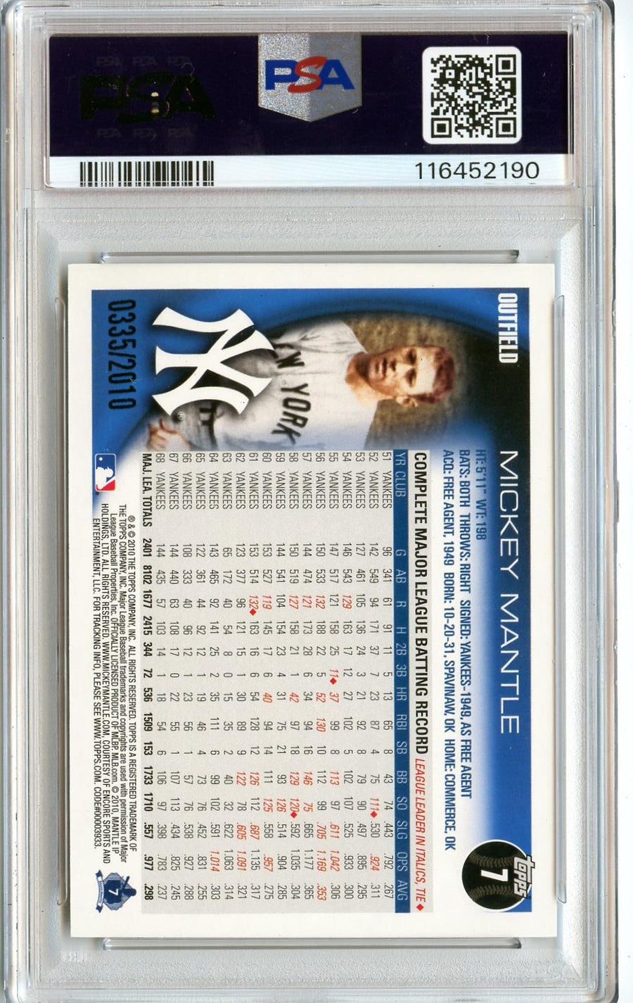 2010 Topps #7 Mickey Mantle Gold PSA 9 — Back