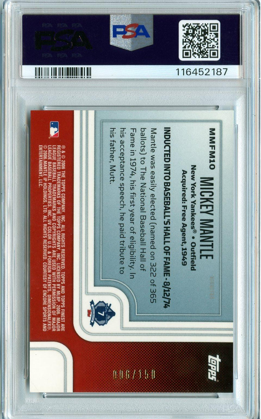 2006 Finest #MMFM10 Mickey Mantle Mantle Moments X-Fractors Blue PSA 9 — Back