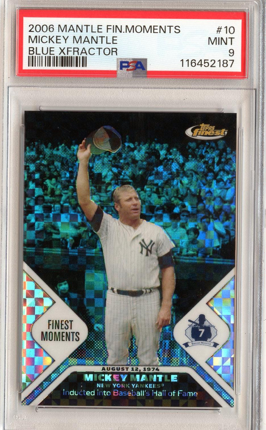 2006 Finest #MMFM10 Mickey Mantle Mantle Moments X-Fractors Blue PSA 9 — Front