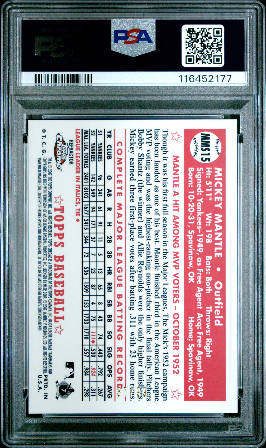 2007 Topps Chrome Mickey Mantle Story Red Refractors #MMS15 PSA 8 — Back