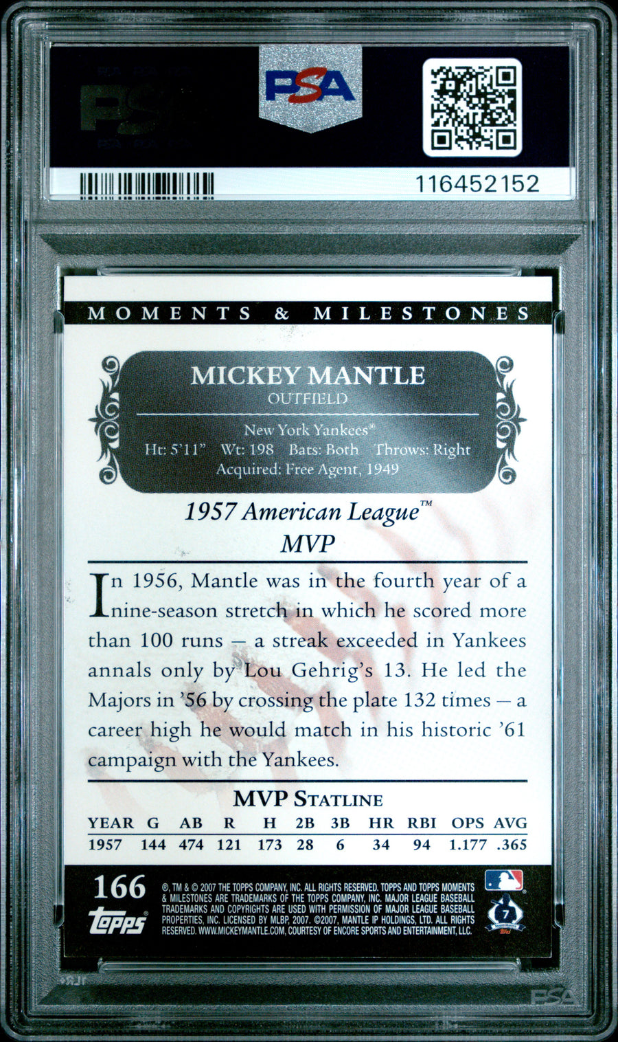 2007 Topps Moments & Milestones #166 Mickey Mantle 2 Runs-Black PSA 7 — Back