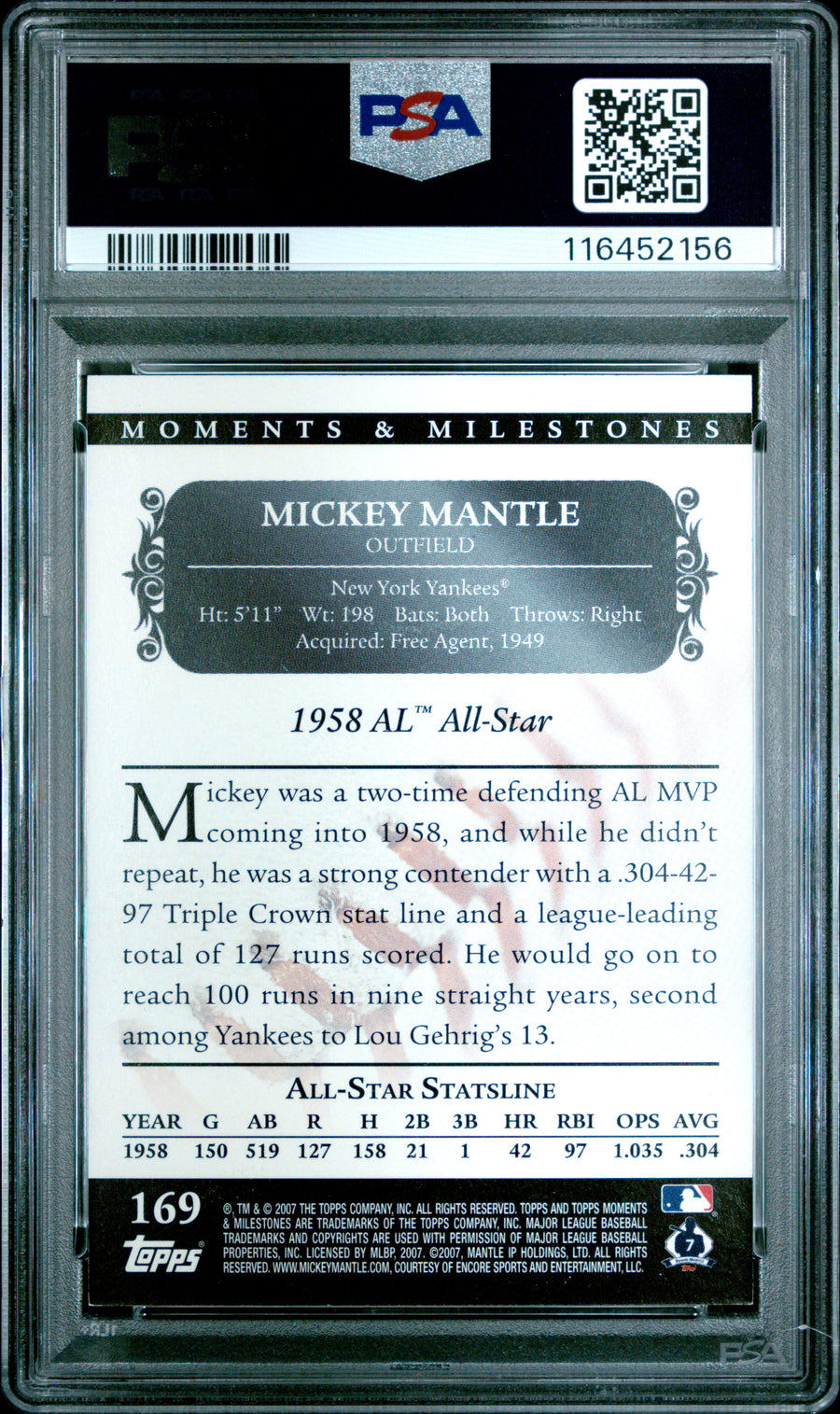 2007 Topps Moments & Milestones #169 Mickey Mantle 59 Runs-Black PSA 7 — Back
