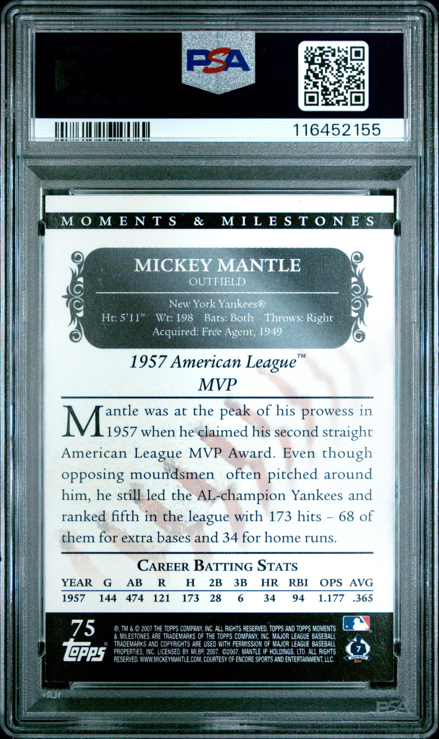 2007 Topps Moments & Milestones #75 Mickey Mantle 133 Hits-Black PSA 7 — Back