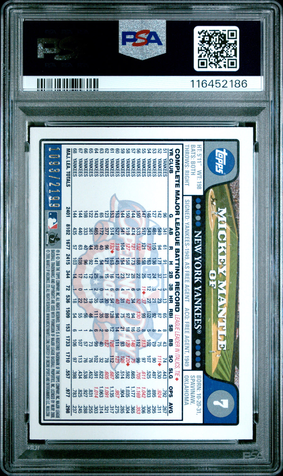 2008 Topps Opening Day #7 Mickey Mantle Opening Date PSA 8 — Back
