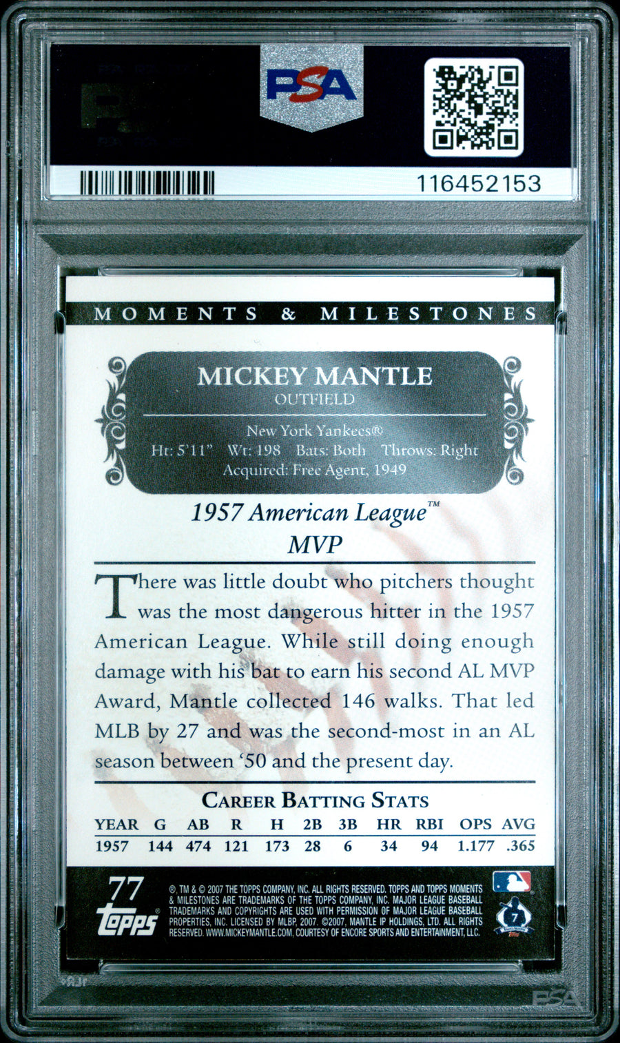 2007 Topps Moments & Milestones #77 Mickey Mantle 39 Walks-Black PSA 8 — Back