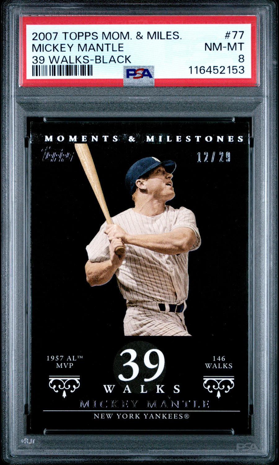 2007 Topps Moments & Milestones #77 Mickey Mantle 39 Walks-Black PSA 8 — Front