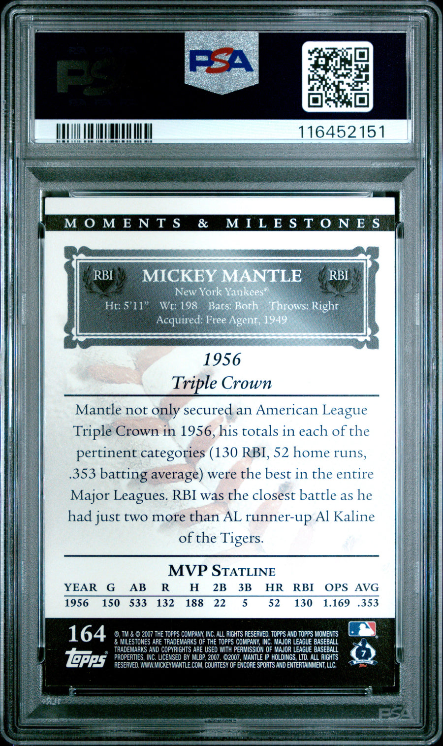 2007 Topps Moments & Milestones #164 Mickey Mantle 54 RBI-Black PSA 8 — Back
