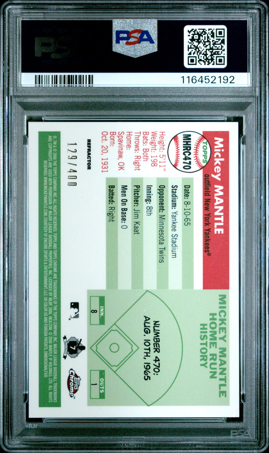 2008 Topps Chrome Mantle Home Run #470 Mickey Mantle History Refractor PSA 8 — Back