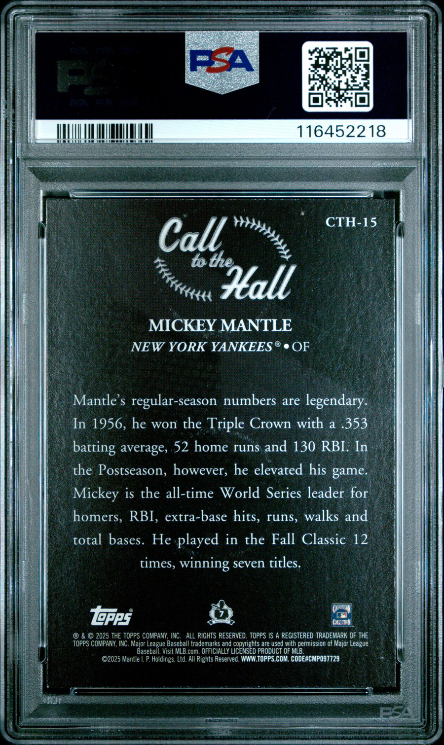 2025 Topps Call To The Hall #CTH15 Mickey Mantle PSA 8 — Back