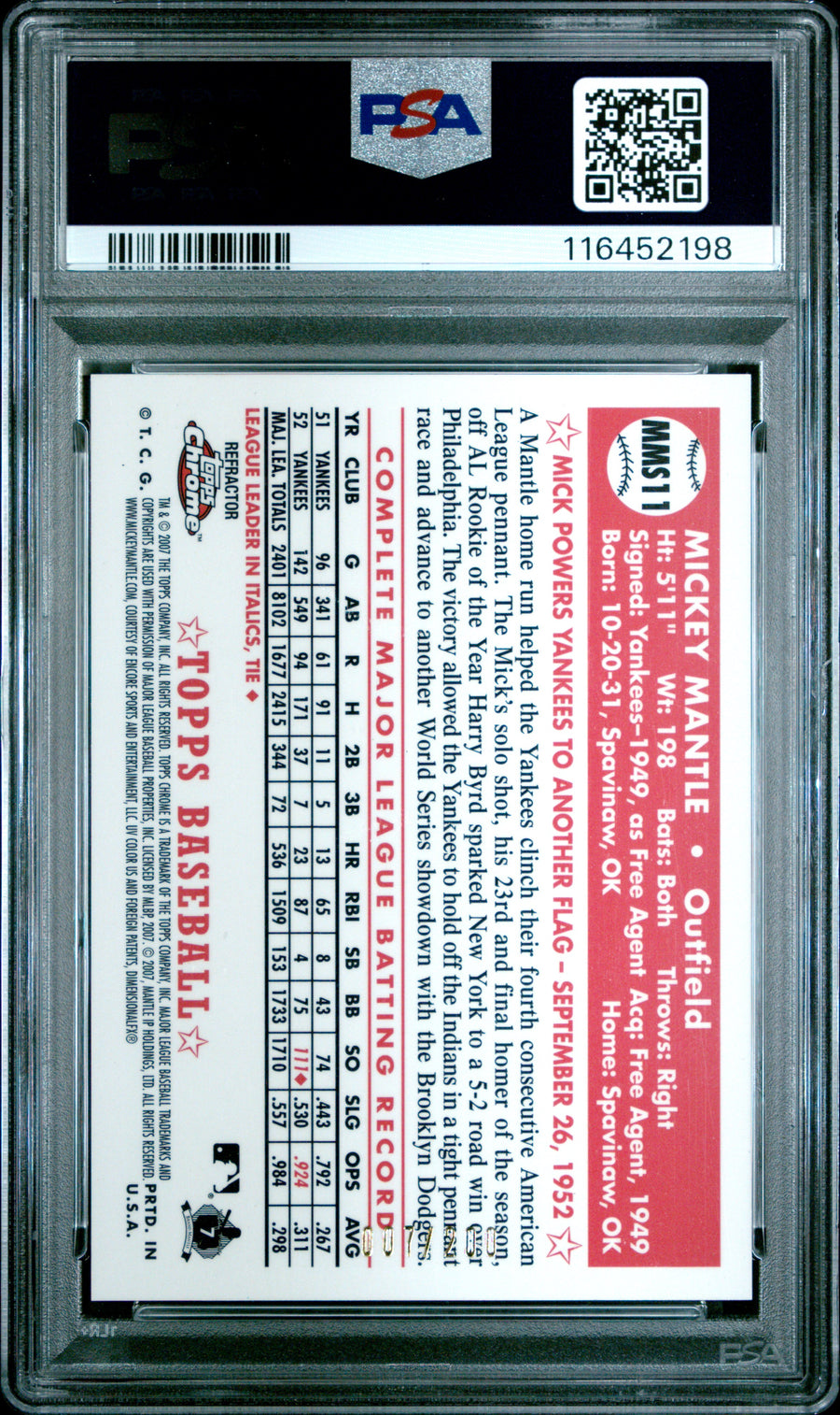 2007 Topps Chrome Mantle Story #MMS11 Mickey Mantle White Refractor PSA 8 — Back