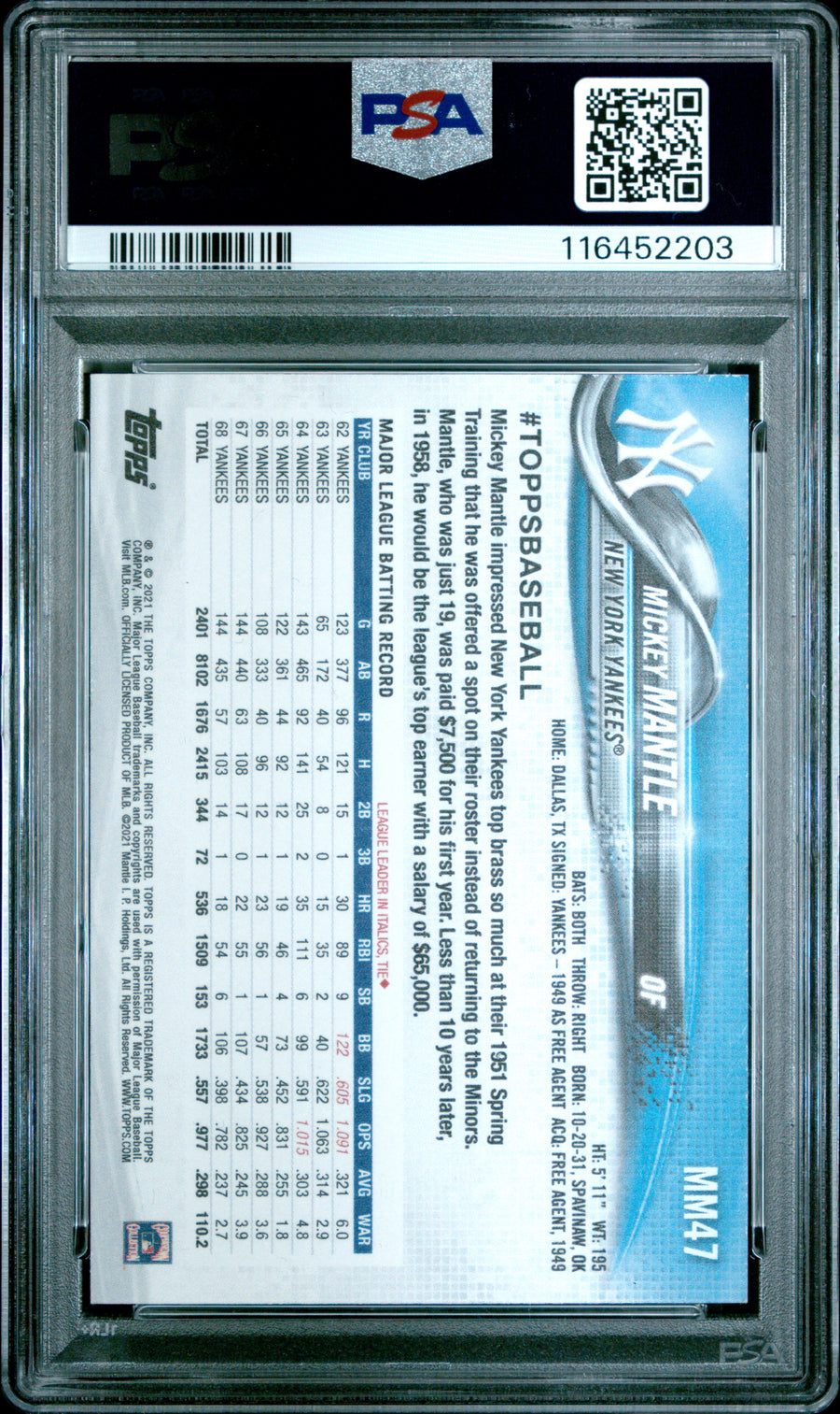 2021 Topps X Mickey Mantle Collection #47 Mickey Mantle Yellow PSA 8 — Back