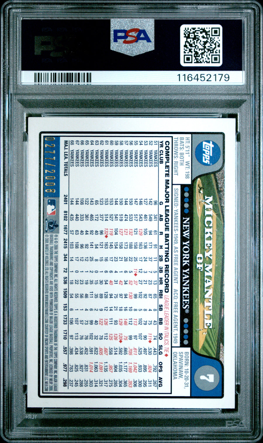 2008 Topps #7 Mickey Mantle Gold PSA 8 — Back