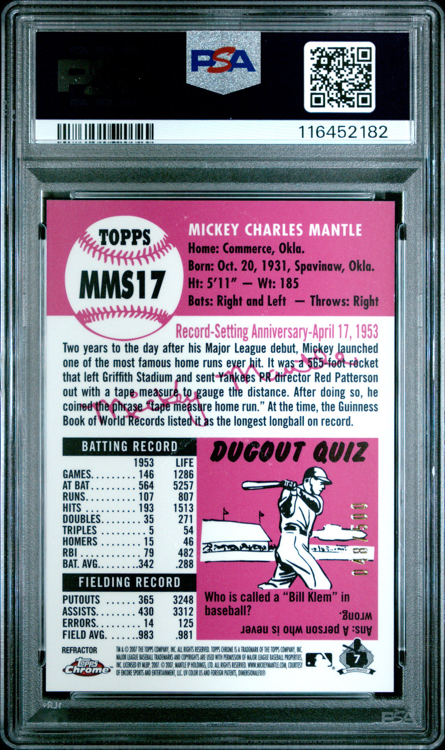 2007 Topps Chrome Mantle Story #MMS17 Mickey Mantle Mantle Story-Refractor PSA 9 — Back