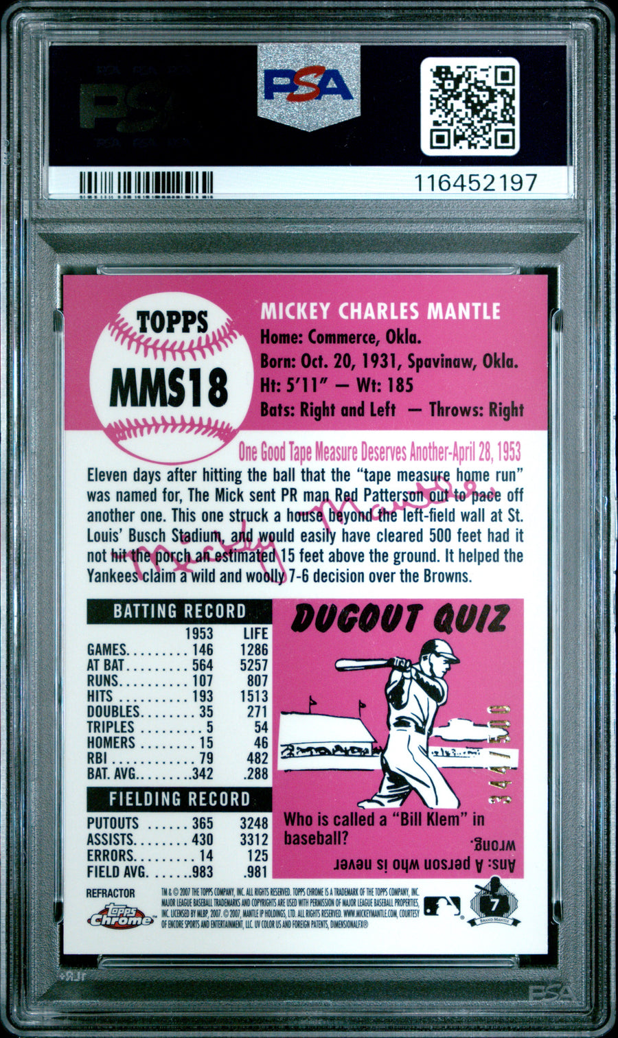 2007 Topps Chrome Mantle Story #MMS18 Mickey Mantle Mantle Story-Refractor PSA 9 — Back