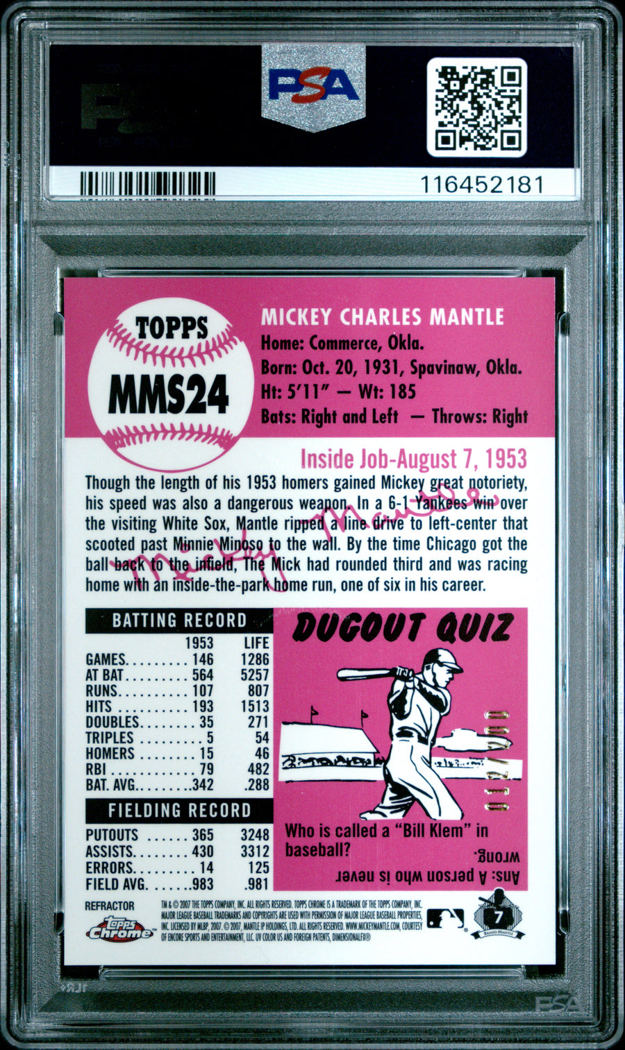 2007 Topps Chrome Mantle Story #MMS24 Mickey Mantle White Refractor PSA 9 — Back