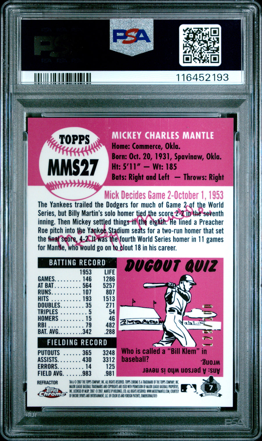 2007 Topps Chrome Mickey Mantle Story White Refractors #MMS27 PSA 9 — Back