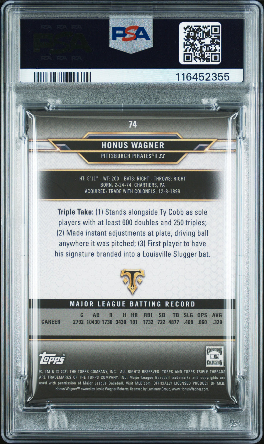 2021 Topps Triple Threads #74 Honus Wagner Gold PSA 9 — Back