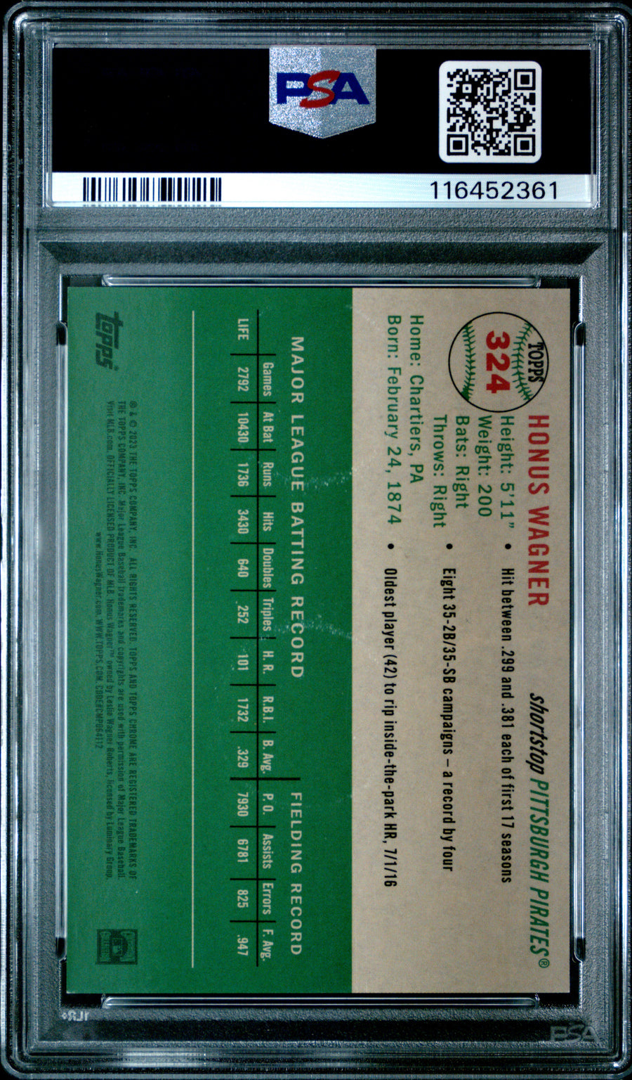 2023 Platinum Anniversary #324 Honus Wagner Green Wave PSA 9 — Back