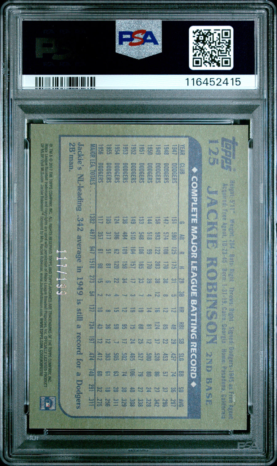 2017 Topps Archives #125 Jackie Robinson Batting Pose-Peach PSA 8 — Back