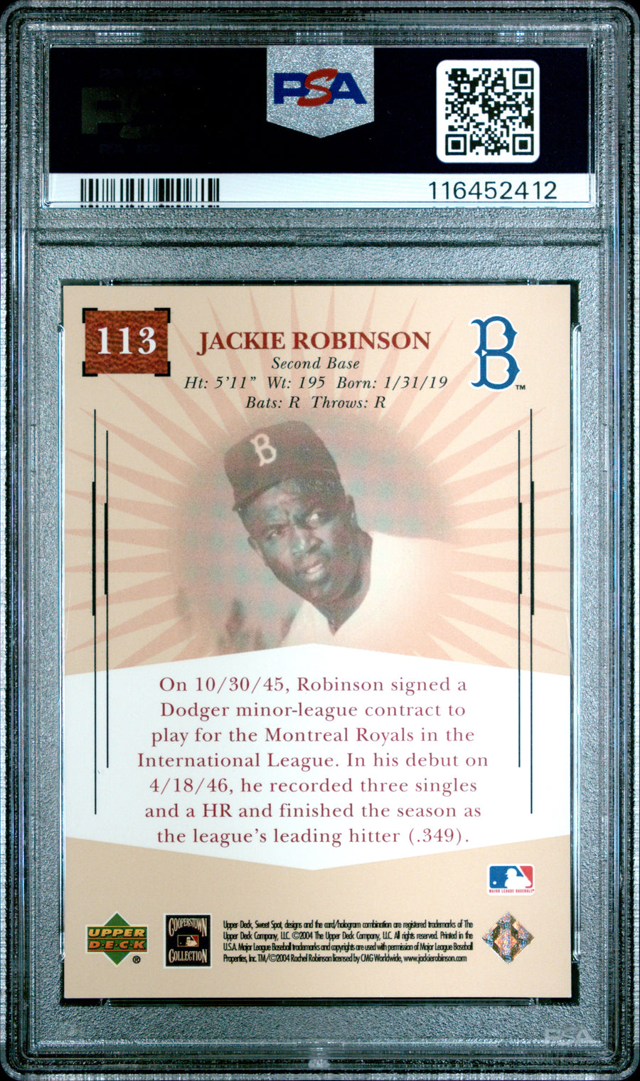 2004 Upper Deck Sweet Spot Classic #113 Jackie Robinson Classic PSA 8 — Back