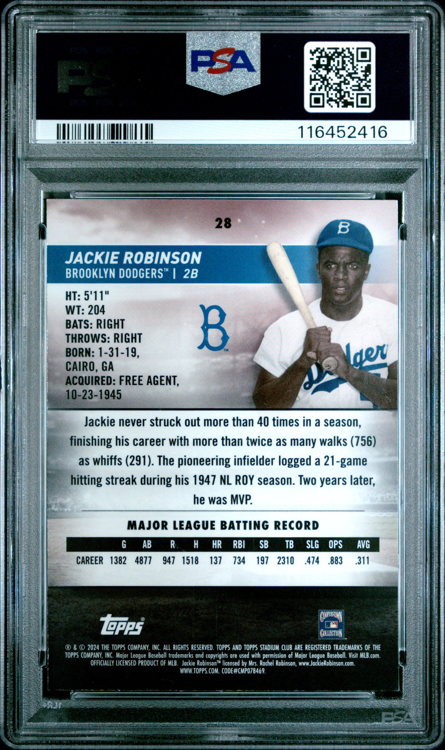 2024 Topps Stadium Club #28 Jackie Robinson Chrome-Purple Refractor PSA 10 — Back