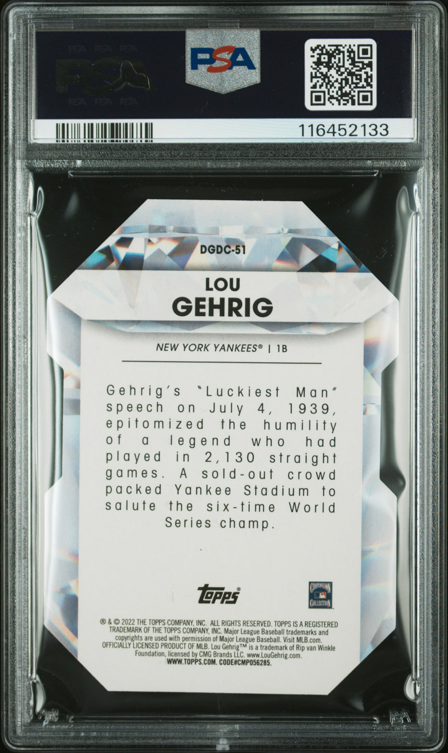 2022 Topps Diamond Greats Die-Cuts Update #DGDC51 Lou Gehrig PSA 10 — Back