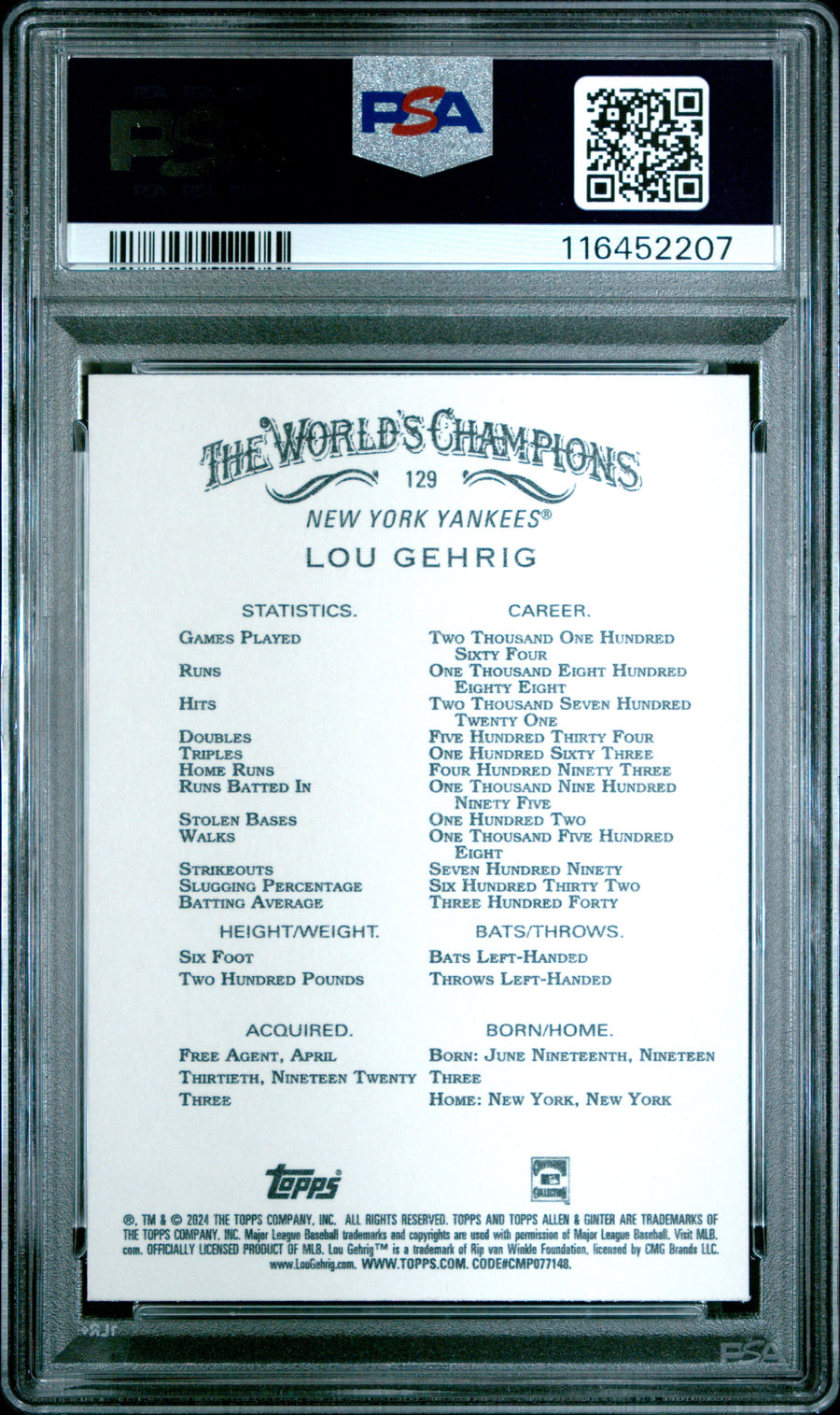 2024 Topps Allen & Ginter #129 Lou Gehrig Gold Foil Filigree PSA 10 — Back