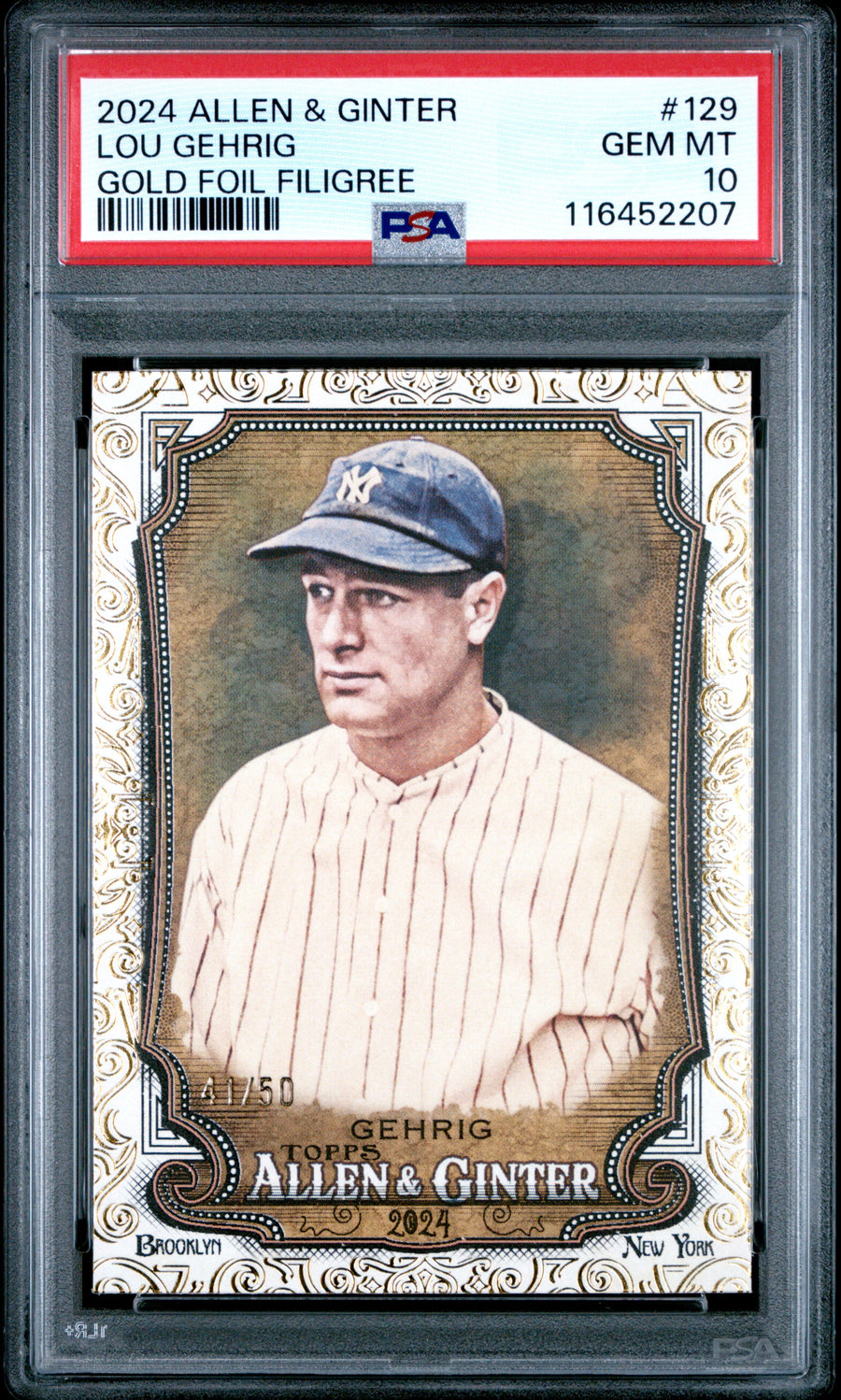 2024 Topps Allen & Ginter #129 Lou Gehrig Gold Foil Filigree PSA 10 — Front