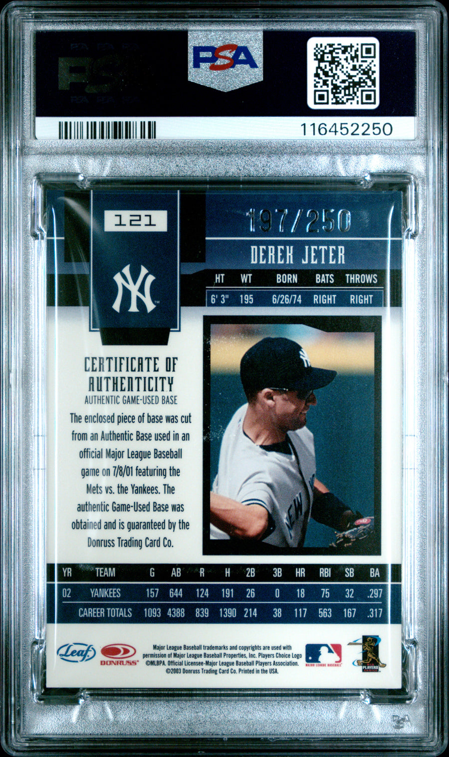 2003 Leaf Certified Materials #121 Derek Jeter Mirror Red-Materials PSA 7 — Back