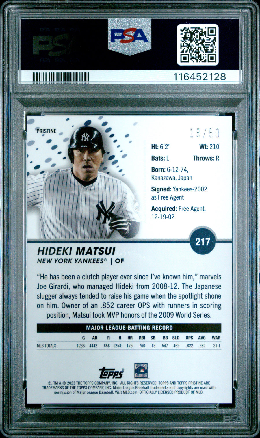 2023 Topps Pristine #217 Hideki Matsui Pristine Gold PSA 10 — Back